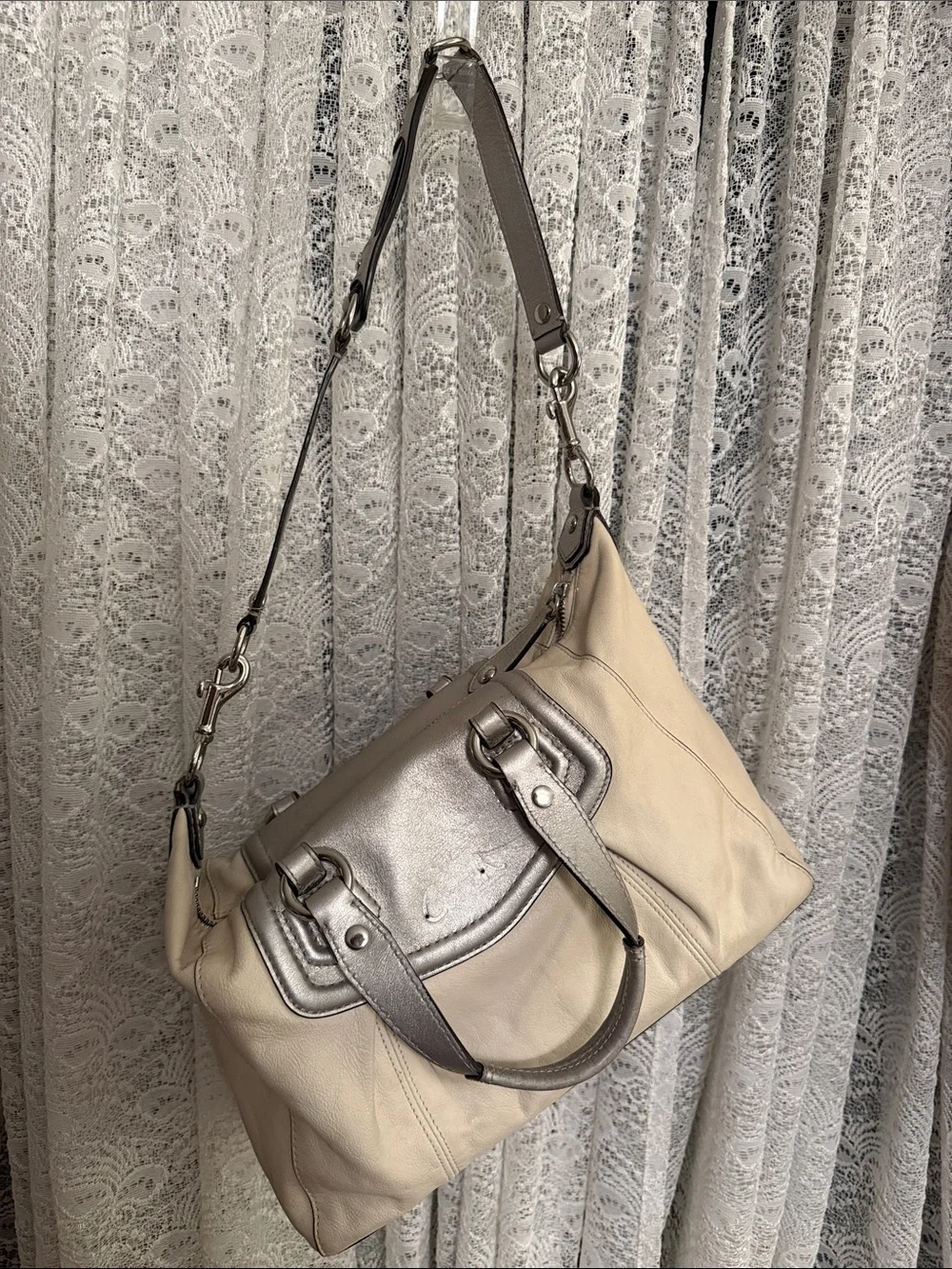 Coach Cream and Silver Ashley Leather Satchel Bag - Women's Handbag